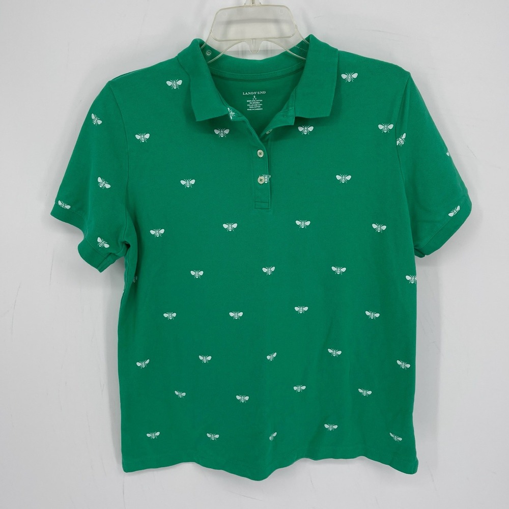 Lands' End Women's Green Bee Print Stretch Short Sleeve Golf Polo Shirt Size S